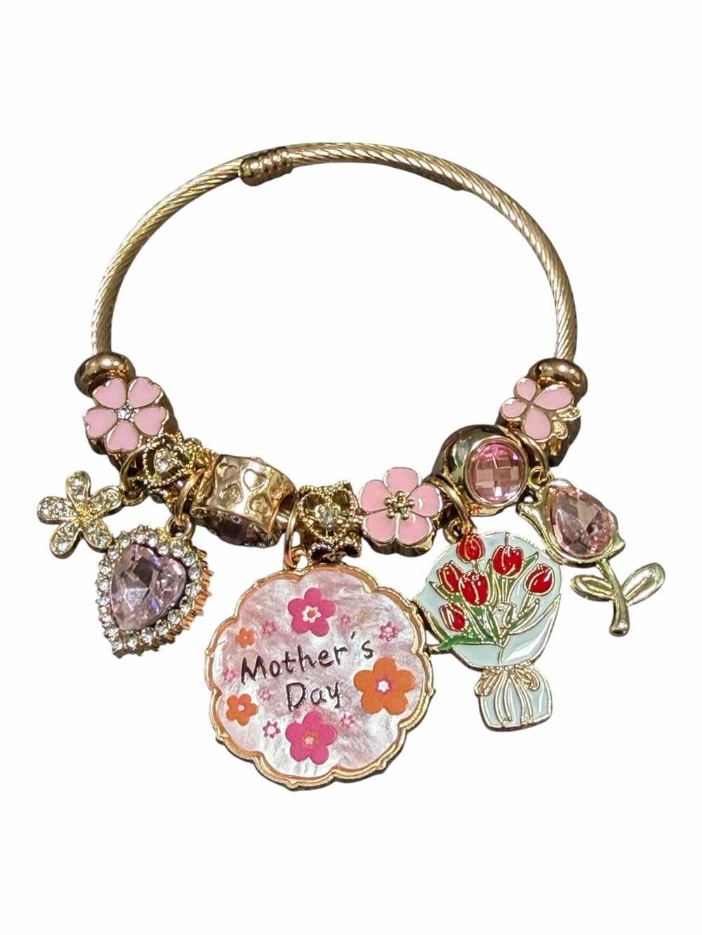 Gold Pink Floral Mother’s Day Charm Adjustable Twisted Bangle - Picture 6 of 6
